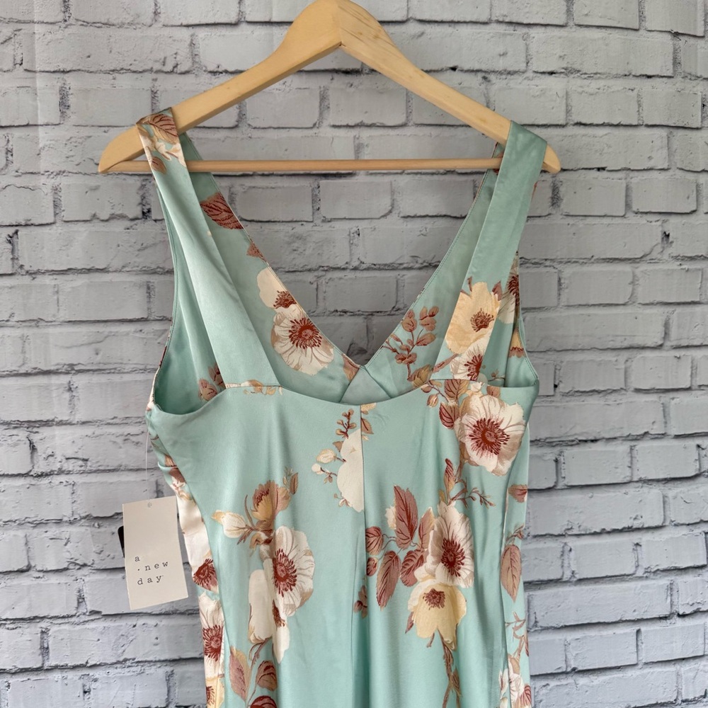 Floral Sleeveless‎ Maxi Satin Slip Dress - Mint Green - Picture 3 of 4